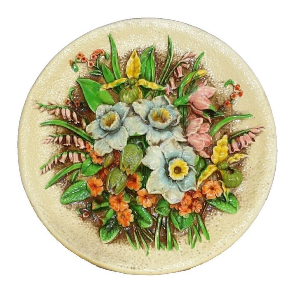 Handmade hanging ceramic round plate with 3D flowers approx 11.5" vintage